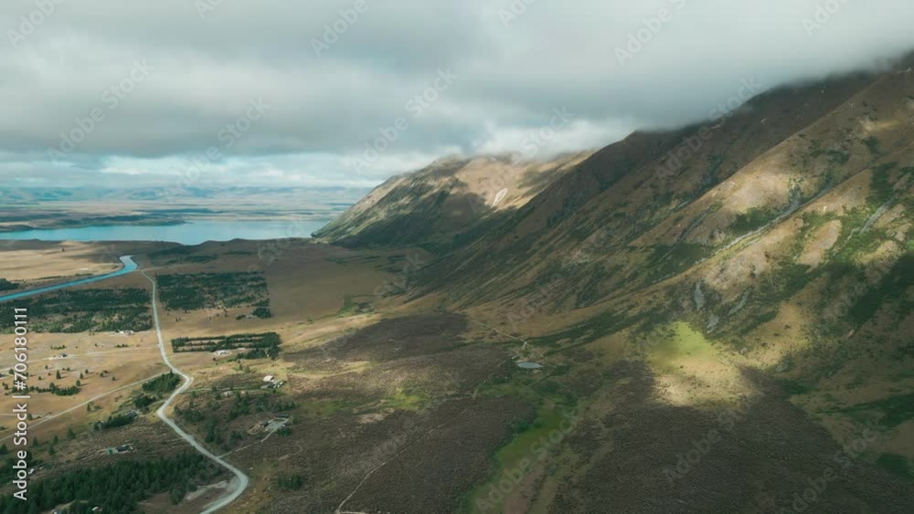 Drone of Twizel Mountian Range with clouds in New Zealand Drone of Twizel Mountian Range with clouds in New Zealand