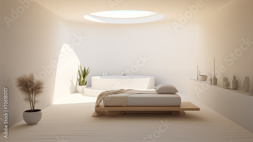 Minimalist Modern Bedroom with Natural Light and Wooden Accents for luxury beauty, cosmetic, skincare, body care, aromatherapy,spa product display background