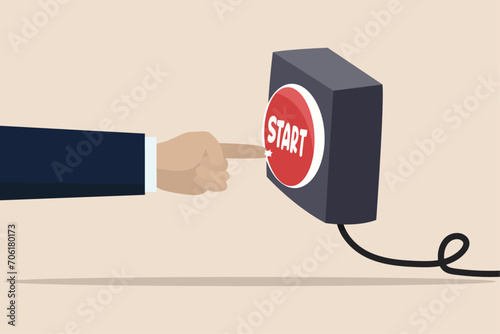 Push start button to start new business, entrepreneur to begin new company, startup to launch project, decision to make or motivation concept, businessman presses red start button.