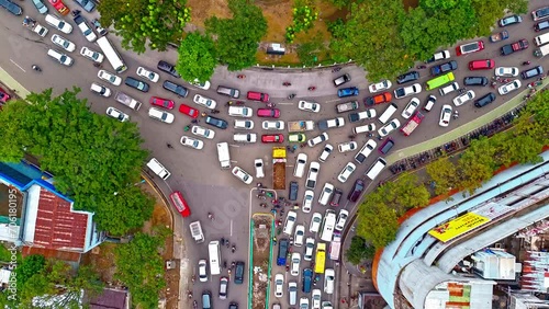Huge traffic jam at Fuente Circle in Cebu City, Philippines. Aerial Timelapse. 