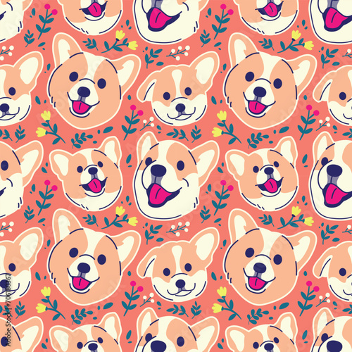 CUTE CORGI HEAD WITH FLORAL SEAMLESS PATTERN