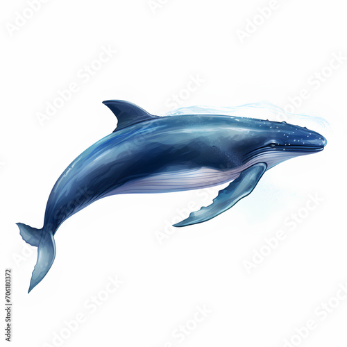 Happy whale in swimming pose, on white background