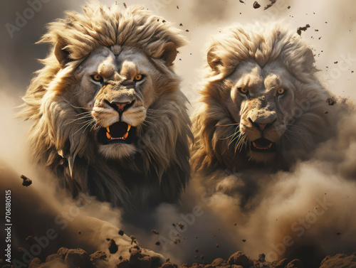 Two lions come out of the dust  smoke  ashes