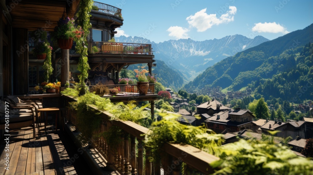 balcony with City and Forest views in Mountain Landscape on a Sunny Day