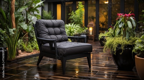 Black chairs on house terrace with wooden floor in green garden with fountain © Prasojo