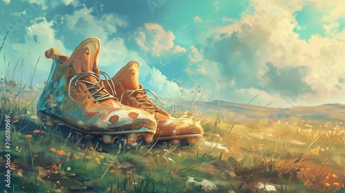 Soccer Shoes Football Shoes Pair of Sport Shoes Landscape Watercolor Scenery photo