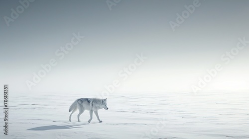 wide angle view of an arctic wolf walking through a winter landscape © Salander Studio
