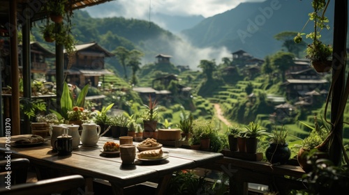 coffee shop with view of beautiful rice fields photo