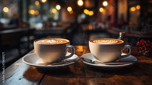 Coffee cups on table with blur background of Restaurant cafe interior