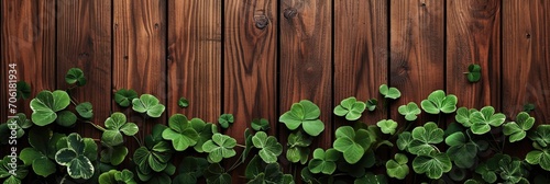 rustic wooden background with a Saint Patrick's Day theme and many wooden slats with shamrock leaves