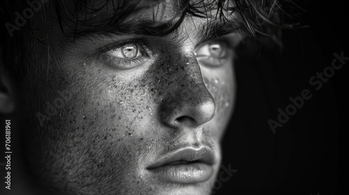 captivating portrait of a sad young man looking at the distance - black and white