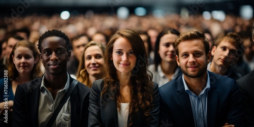 Diverse men and women attending a conference in a convention center.Business people applauding for public speaker during seminar
 photo