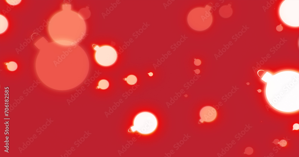 Christmas festive bright New Year background from Christmas tree toys glowing winter beautiful falling flying patterns of balls on a red background