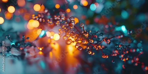 Fototapeta Naklejka Na Ścianę i Meble -  Abstract scientific molecular close-up of organic material. Glowing synapses and connections under a microscope. Colorful genetic code.