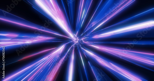 Energy hyper tunnel purple background with neon lights and stripes