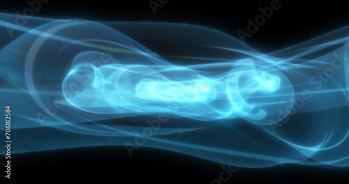 Abstract waves of blue energy magic smoke and glowing lines on a black background