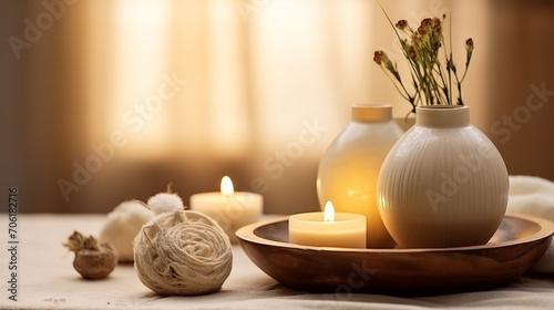 Serene Spa Atmosphere with Candles and Vases for Luxury Beauty, Cosmetic, Skincare, Body Care, Aromatherapy, Spa Product Display Background