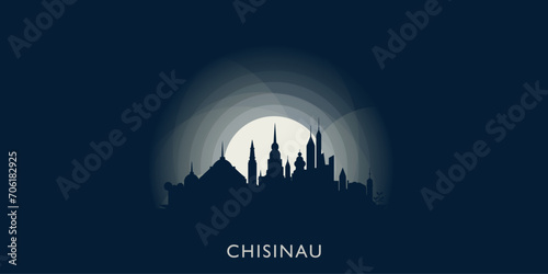 Chisinau cityscape skyline city panorama vector flat modern banner illustration. Moldova country emblem idea with landmarks and building silhouettes at sunrise sunset night