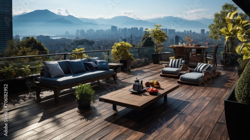 Spacious terrace with wooden floors and furniture  and stunning city views