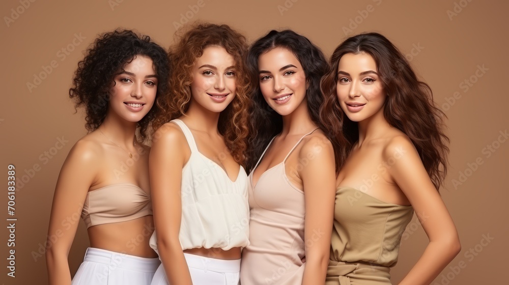 Obraz premium Skin, aesthetic and young friends together for self care, dermatology and support.Beauty, diversity and portrait of women happy with makeup for cosmetic skincare isolated in studio brown background.
