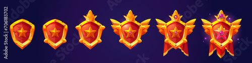 Red shield shape badge with star, golden frame, gemstones and crown decorations for game level rank progress ui design. Cartoon vector set of evolution stages of royal trophy medal or emblem.