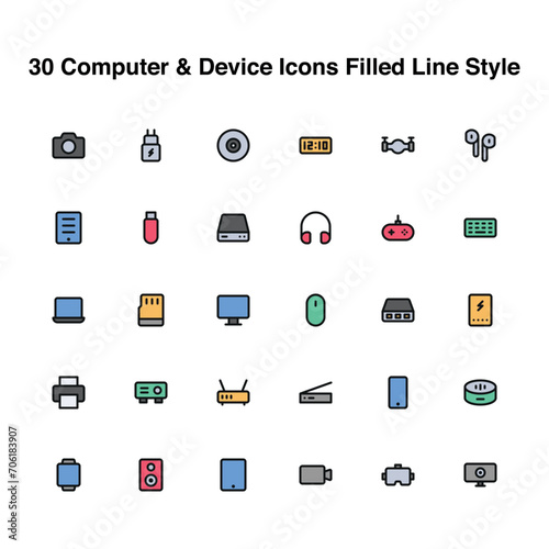 Illustration vector graphic icon of 30 Computer And Device Icons Set. Filled Line Style Icon. Vector illustration isolated on white background. Perfect for website or application design.