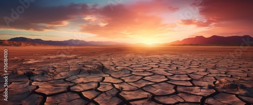 Global warming concept.Soil drought cracked landscape on sunset sky.Dry cracks in the land, serious water shortages.Drought concept.
 photo