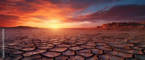 Global warming concept.Soil drought cracked landscape on sunset sky.Dry cracks in the land, serious water shortages.Drought concept. 