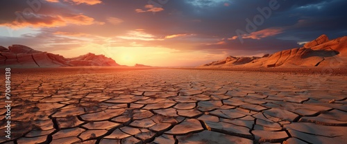 Global warming concept.Soil drought cracked landscape on sunset sky.Dry cracks in the land, serious water shortages.Drought concept. 