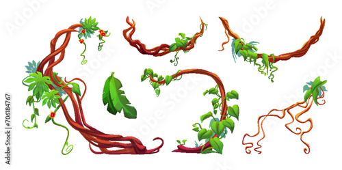 Twisted liana branch with green leaves and flowers. Cartoon vector illustration of jungle long tangled climbing plant vine with foliage. Game ui design assets of creeper ivy tree trunk with vegetation