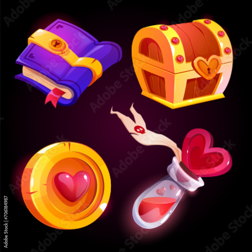 Game cartoon icon set with heart shape. Vector collection of gui design assets - closed book with lock and wooden chest, coin with diamond and glass bottle with magic potion with love form decorations