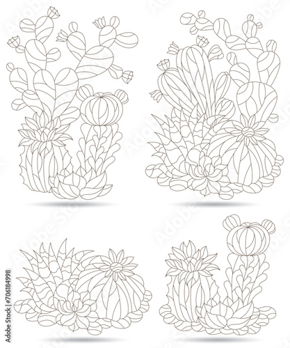 Wallpaper Mural Set of contour illustrations in the style of stained glass with compositions of cacti, dark outlines on a white background Torontodigital.ca