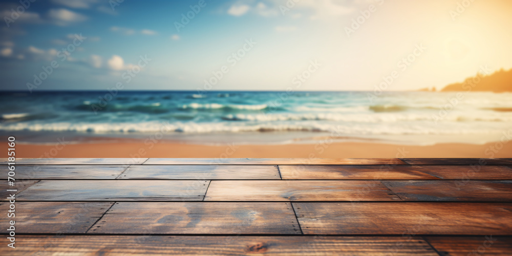 Empty wooden table with serene seascape background, calm ocean, and blurry sky at the beach. For product display editing, concept of relaxing, Summer holiday.