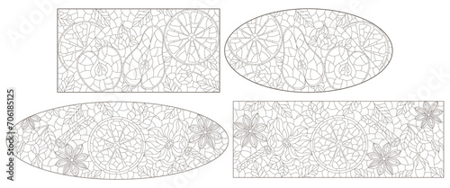 A set of contour illustrations in the style of stained glass with fruits,berries, flowers and spices, dark contours on a white background