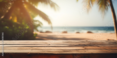 Empty wooden table with serene seascape background  calm ocean  and blurry sky at the beach. For product display editing  concept of relaxing  Summer holiday.