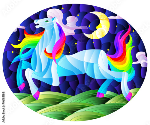 An illustration in the style of a stained glass window with an abstract horse on the background of a night landscape, oval image