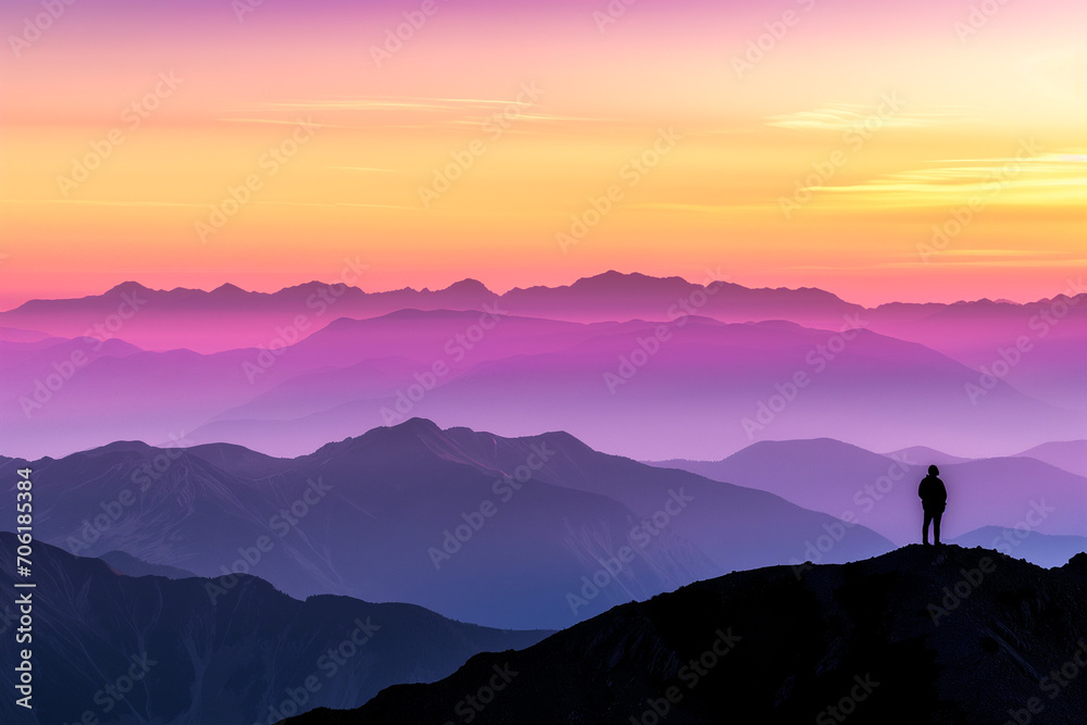 A solitary figure stands atop a mountain ridge, silhouetted against the layered hues of purple and orange of a vast mountainous landscape at sunset. A solitary figure stands atop a mountain ridge, silhouetted against the layered hues of purple and orange of a vast mountainous landscape at sunset.