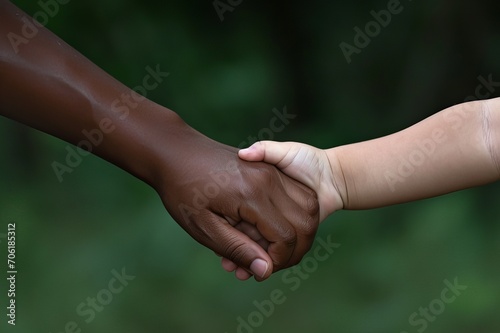 Multicultural concept, two children holding hands together. Friendship, support, equality and diversity. AI generated image.  © Maroubra Lab