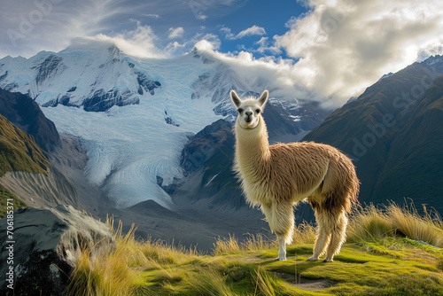 A single llama stands on a grassy hillside with a majestic glacier and mountain peaks in the background, under a sunny sky with scattered clouds. © Seasonal Wilderness