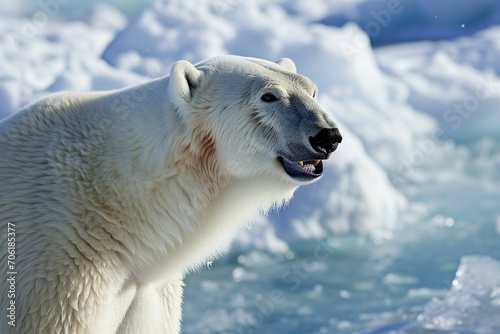A close-up portrait of a polar bear with a backdrop of icy Arctic terrain