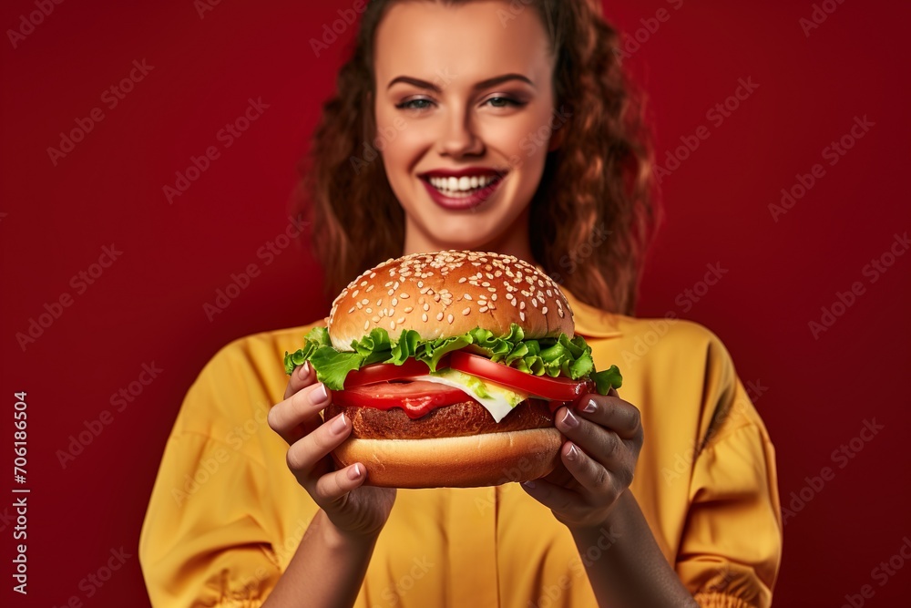 portrait of a happy young woman eating burger on isolated background generative ai 