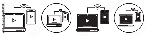 Ott symbol Icon vector black white multi media player website sign. Set collection of computer or laptop with smartphone show online learning through classes or course. Web marketing or advertising ui
