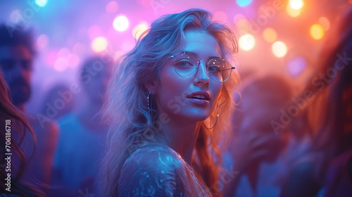 Portrait of a beautiful girl dancing at a music festival in a nightclub