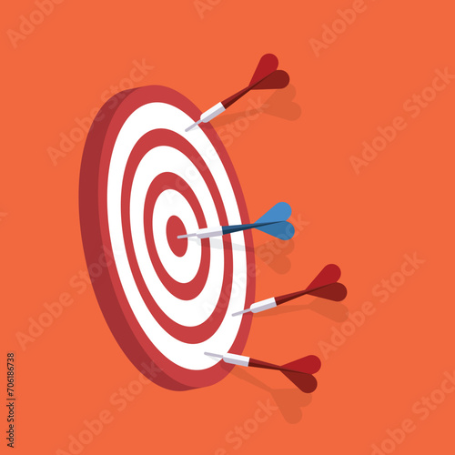 Red darts missed hitting target and only blue one hits the center. Business challenge failure and success concept.


