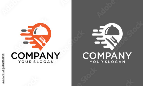 food location logo design, with the concept of a pin icon combined with a fork and knife.