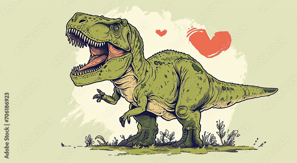 Fototapeta premium Cute green dinosaur baby T-rex with heart. Holiday banner. Watercolor hand drawing. Birthday greeting card