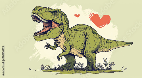 Fototapeta Naklejka Na Ścianę i Meble -  Cute green dinosaur baby T-rex with heart. Holiday banner. Watercolor hand drawing. Birthday greeting card