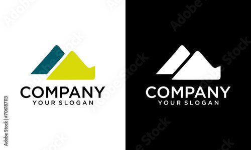 Mountain peak summit logo design. Outdoor hiking adventure icon set. Alpine wilderness travel symbol. Vector illustration.