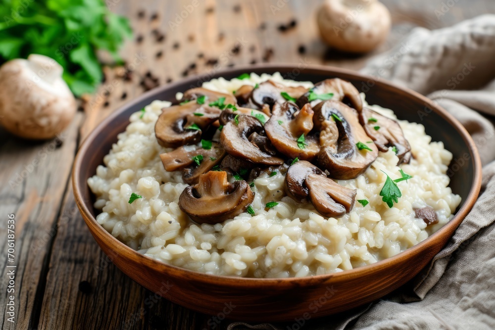 Creamy Risotto with Sautéed Mushrooms and Parsley in a Bowl Creamy Risotto with Sautéed Mushrooms and Parsley in a Bowl