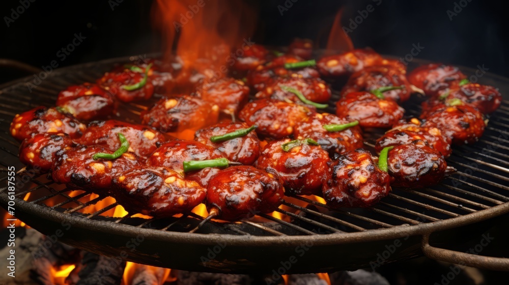 Grilled Meat with Spices on Barbecue Grilled Meat with Spices on Barbecue